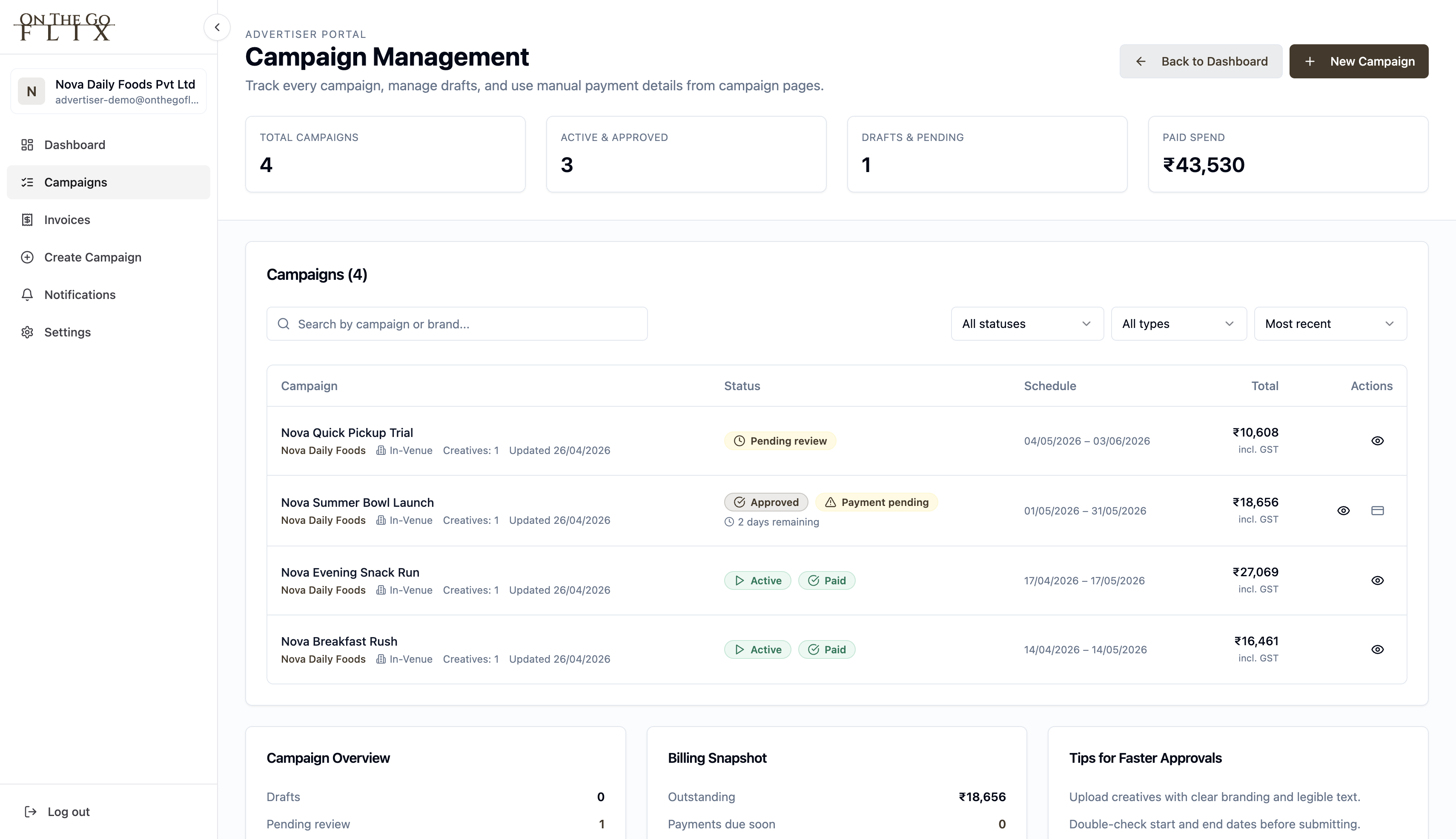 Illustrative portal interface showing campaign review and launch statuses